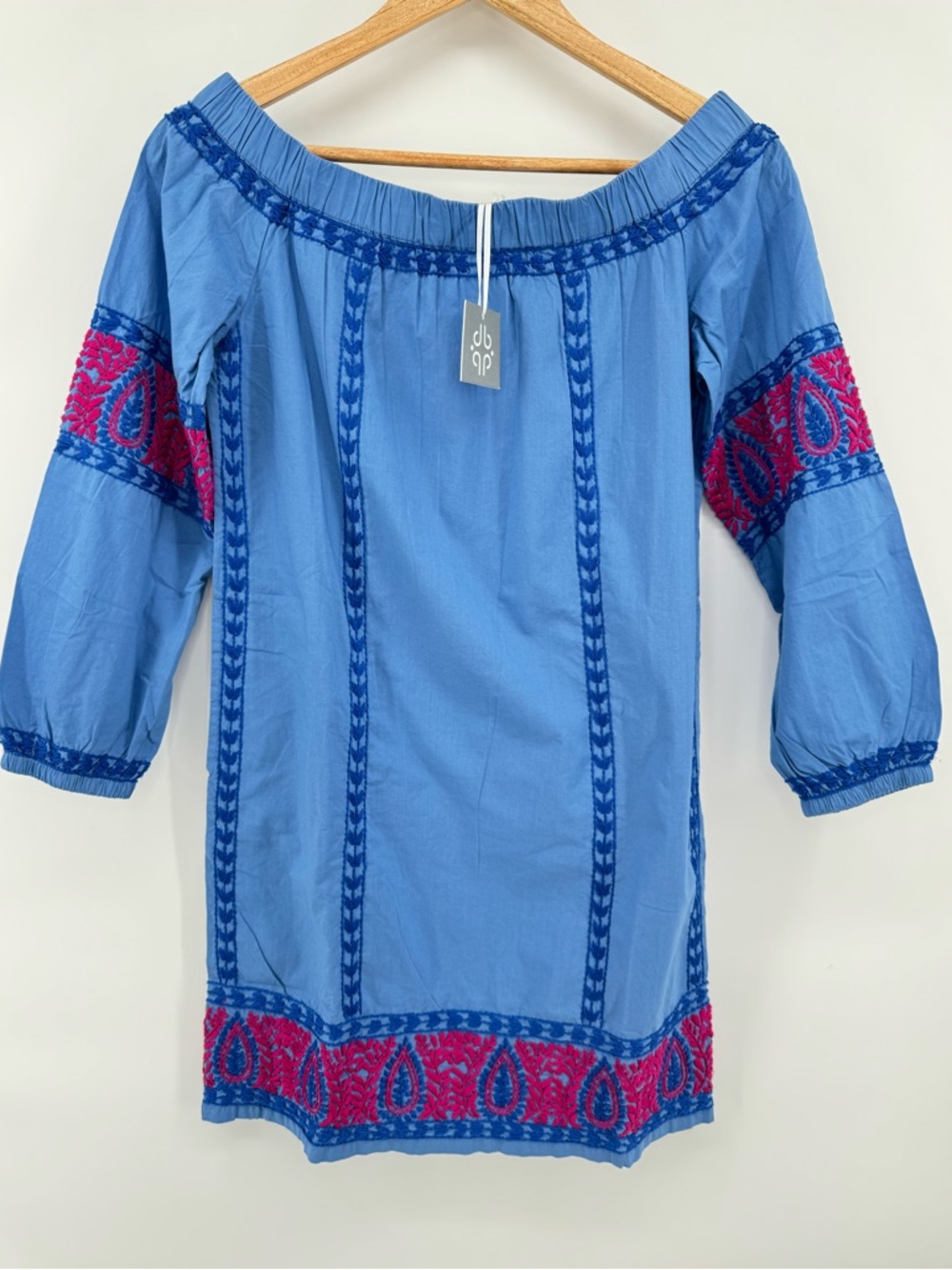 Pomegranate Off the Shoulder embroidered Boho Dress 100%Cotton Women's Sz XS NWT